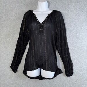 Rock & Republic women Black Gold Metallic Stripe Grommet V-Neck Blouse Medium